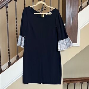 Eliza J Navy Dress with Textured White Sleeves